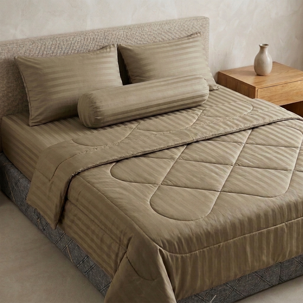 Bộ Chăn Ga Gối Cotton Poly Sọc Satin Cao Cấp 3 Màu Sang Trọng - Xám Sáng, Nâu Khaki, Xám Đậm - Đầy Đủ Kích Thước